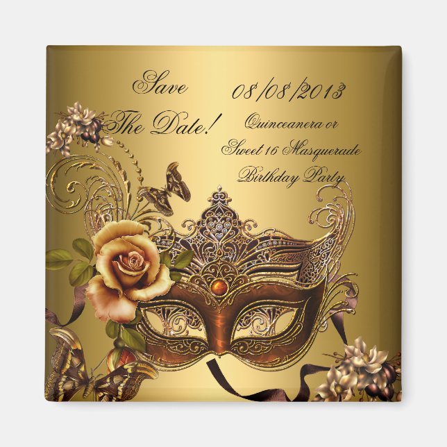 Spara datum Quinceanera Sweet 16 Masquerade Guld Magnet (Framsidan)