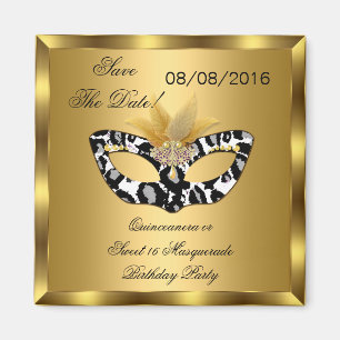 Spara datum Quinceanera Sweet 16 Masquerade Guld Magnet