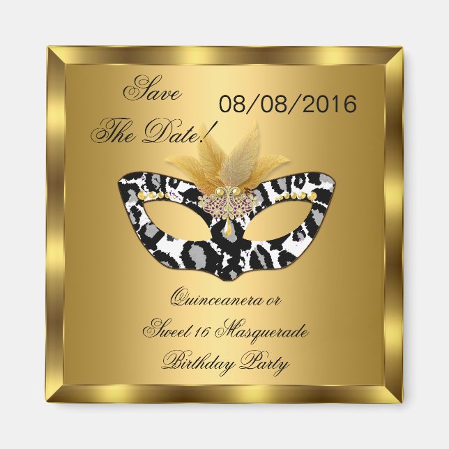 Spara datum Quinceanera Sweet 16 Masquerade Guld Magnet (Framsidan)