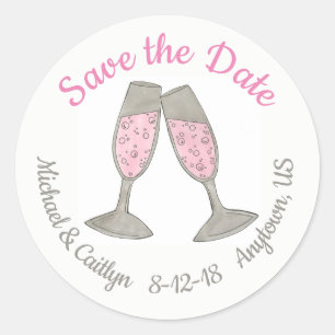 Spara datum Rosa Champagne Toast Bröllop Runt Klistermärke