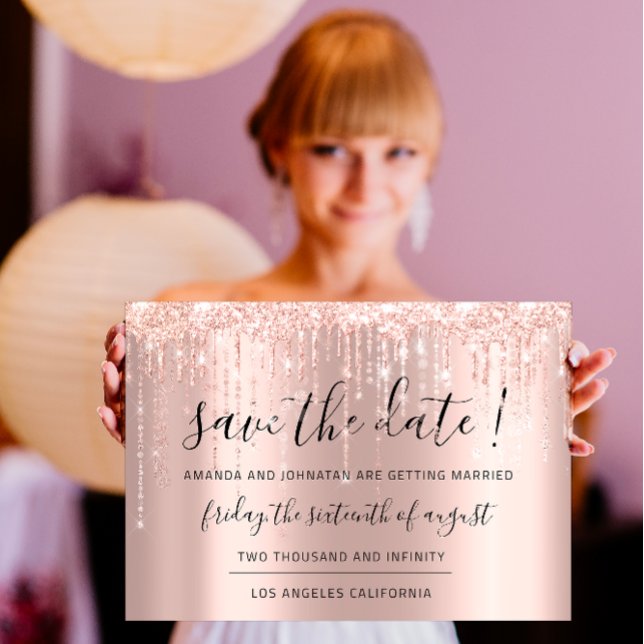 Spara datum Rosa Guld Glittrande droppar Strängar Spara Datumet (Save The Date Rose Gold Glitter Drips Strings)