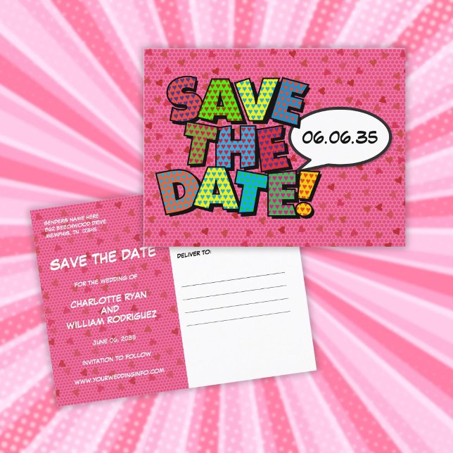 Spara datum rosa moderna hjärtan konfetti bröllop meddelande vykort (Save The Date Pink Modern Hearts Confetti Wedding Announcement Postcard)