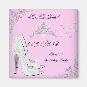 Spara datum rosa silverhöga klackar skor tiara magnet