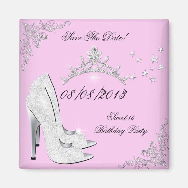 Spara datum rosa silverhöga klackar skor tiara magnet (Framsidan)