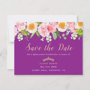 Spara datum Royal Purple Blommig Quinceanera-kort Tack Kort