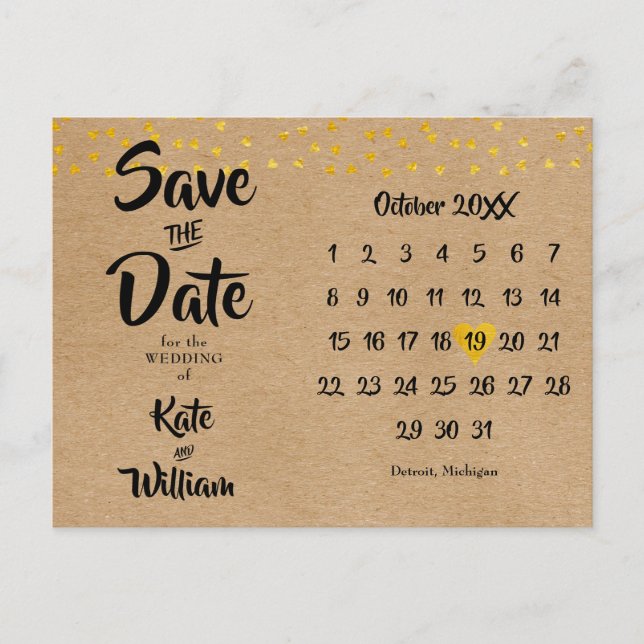 Spara datum Rustic Guld Heart Calendar Boho Vykort (Framsida)