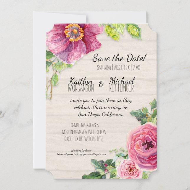 Spara datum Rustic Wood Watercolor Ro Peony Datumet (Framsida)