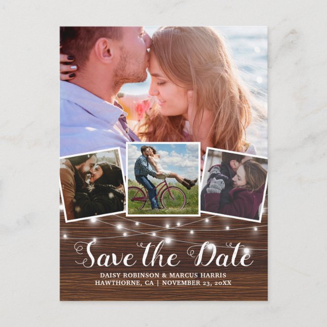 Spara Datum Rustik Trä 4 Foto Meddelande Vykort (Framsida)