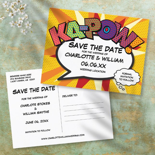 Spara datum seriebok KA-POW Modernt kul Meddelande Vykort (Save the Date Comic Book KA-POW Modern Fun Announcement Postcard)