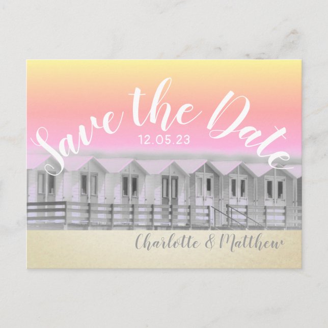 Spara datum solnedgång strandhytt havskort meddelande vykort (Framsida)