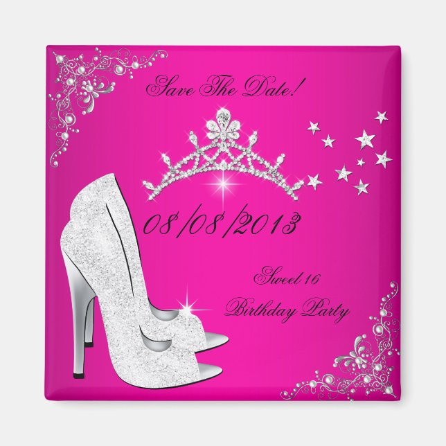 Spara datum söta 16 rosa högklackade skor tiara magnet (Framsidan)