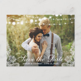 Spara datum spets och strängljus foto meddelande vykort