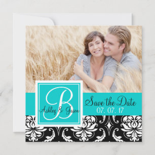 Spara datum Svart Damaskus Monogram Namn Teal Datumet