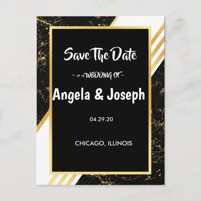 Spara datum - svart typografi med guldmarmorerade  meddelande vykort (Framsida)