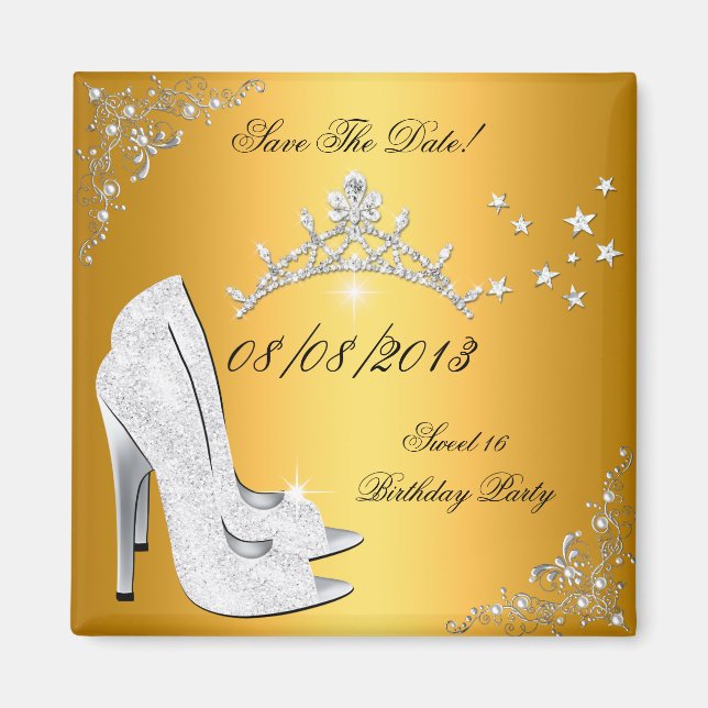 Spara datum Sweet 16 Guld Höga klackar Skor Tiara Magnet (Framsidan)