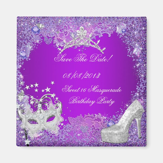 Spara datum Sweet 16 Masquerade Lila Rosa Magnet (Framsidan)