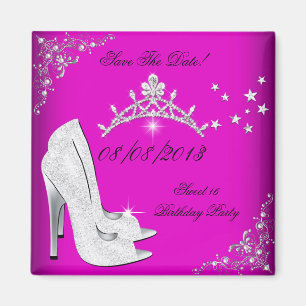 Spara datum Sweet 16 Rosa högklackade skor Tiara Magnet