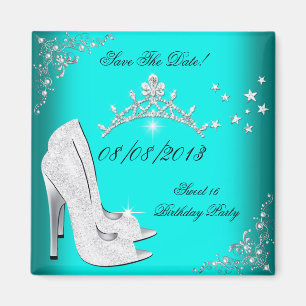 Spara datum Sweet 16 Teal Höga klackar Skor Tiara Magnet
