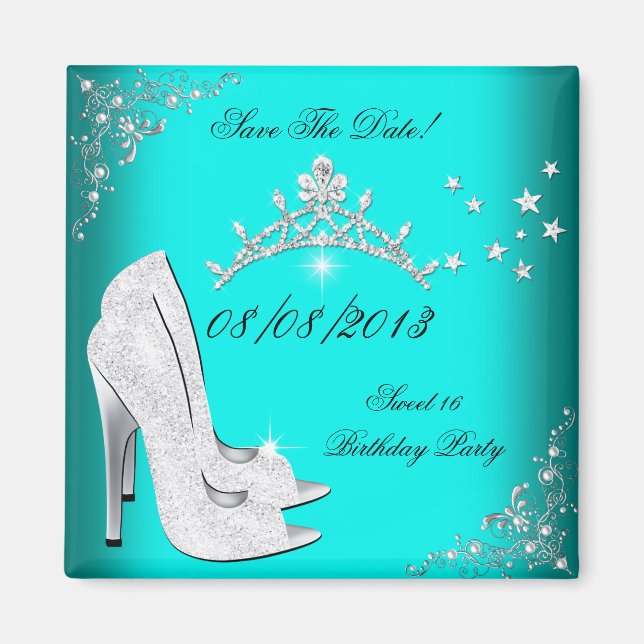 Spara datum Sweet 16 Teal Höga klackar Skor Tiara Magnet (Framsidan)