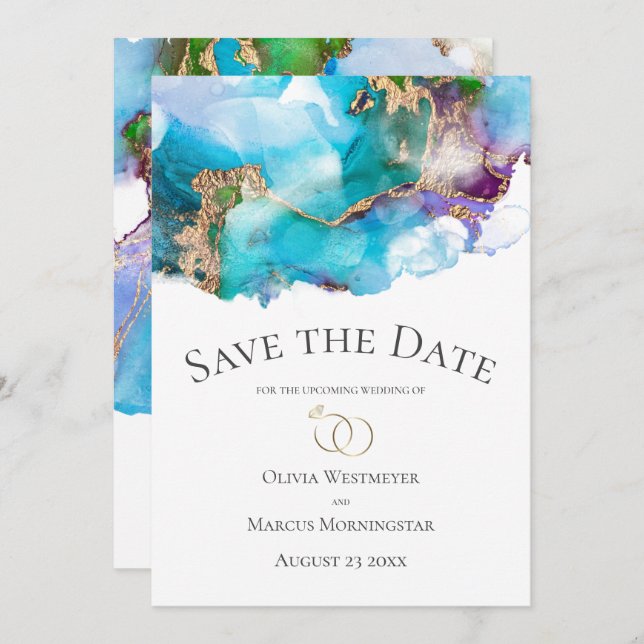 Spara datum Teal Abstrakt Amethyst Guld Bläck Inbjudningar (Fram/baksida)