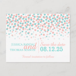 Spara datum teal korallkonfetti bröllopskort meddelande vykort