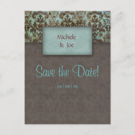Spara datum Turkos Brown Damask Postcard 2 Meddelande Vykort