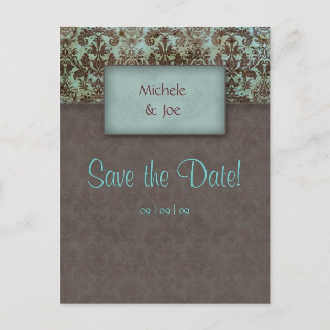 Spara datum Turkos Brown Damask Postcard 2 Meddelande Vykort (Framsida)