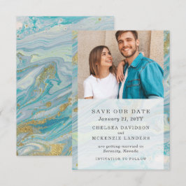 Spara Datum Turkos & Guld Marmor Bröllopskort Inbjudningar