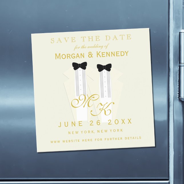 Spara datum Tuxedo-blocket Groom Bröllop Magnetisk Inbjudningskort (Add your details to this cream tuxedo themed Save the Card Magnetic Card.)