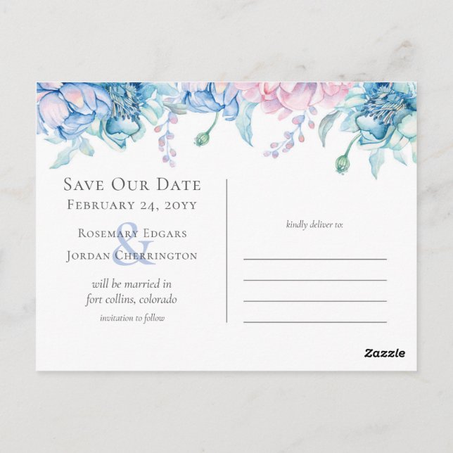 Spara datum vattenfärgen Blommigt Bröllop 3-foto Vykort (Baksida)