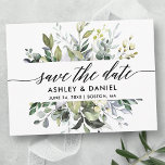 Spara datum - vattenfärgsgråskalekalligrafi vykort<br><div class="desc">Modern kalligrafi Elegant Watercolor botanical Grey Bröllop Förlovning Announcement Rädda Postkort för datum omfattar eukalyptus löv,  grönt botaniskt löv,  dammiga blå löv och annat vackert botaniskt grönt.</div>