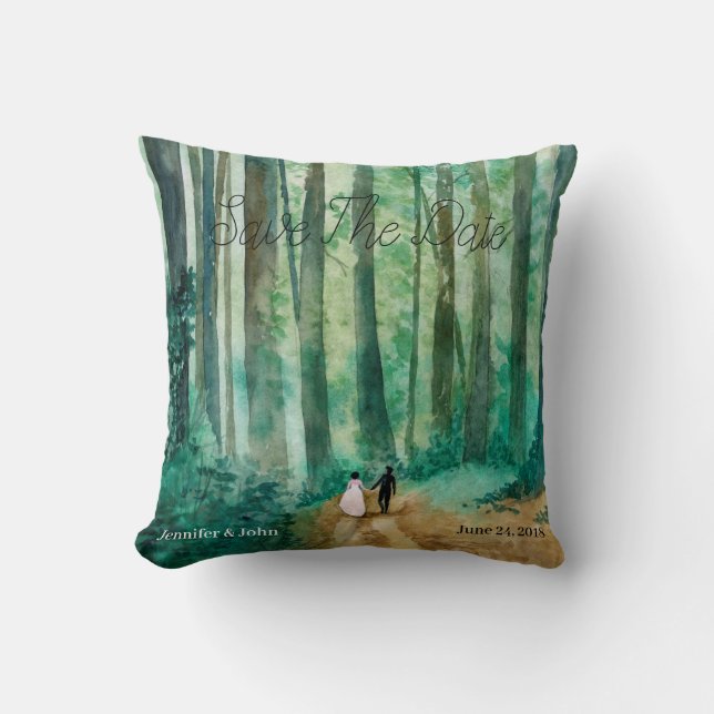 Spara datum Vattenfärgsskogslandskap Kudde (Framsida)