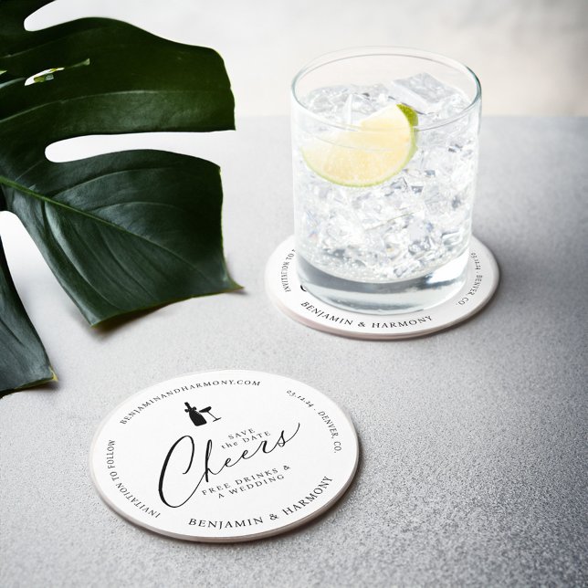 Spara datumCheer! Fria drycker och Bröllop Underlägg Papper Rund (Save the Date Cheer! Free Drinks & A Wedding Round Paper Coaster)