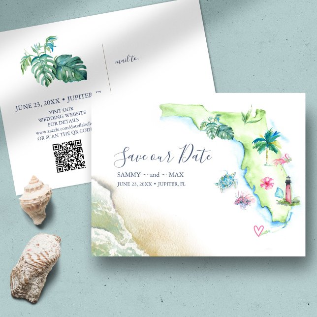 Spara datumdestinationsbröllopet Florida Karta Vykort (Destination wedding invitation with QR code tropical watercolor Florida map by Victoria Grigaliunas)
