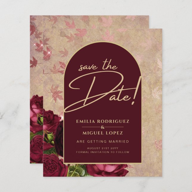 Spara datumen Burgundy Ro Red Vintage Blommigt (Fram/baksida)