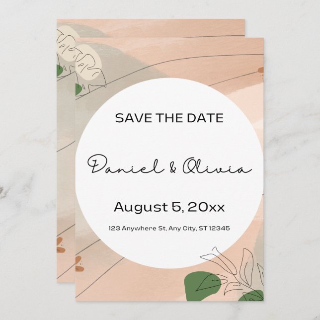 Spara datumen inbjudan till Beige Grönt Abstrakt  (Fram/baksida)