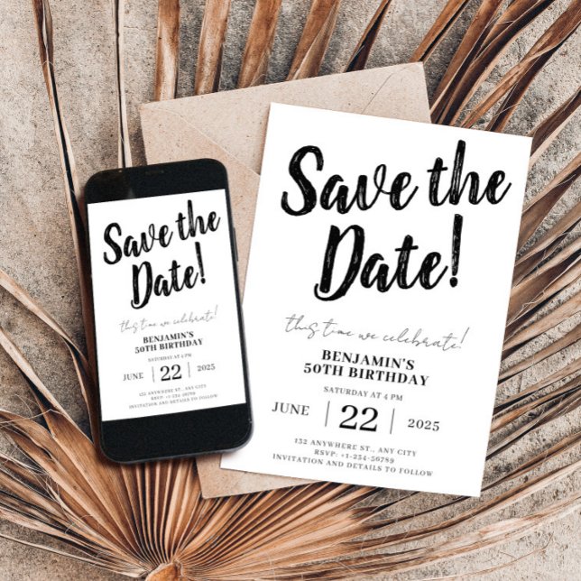 Spara datumet 50:e födelsedagen inbjudningar (Save The Date Birthday 50th,Modern Invitation,Unique Minimalist Editable Bday,Black and White Invite)