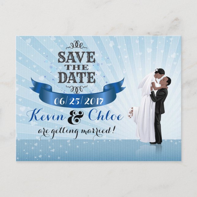 Spara datumet (afroamerikanskt par) meddelande vykort (Framsida)