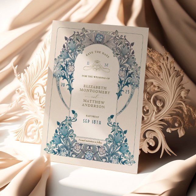 Spara datumet Art nouveau Dusty Blue W Morris Inbjudningar (Skapare uppladdad)