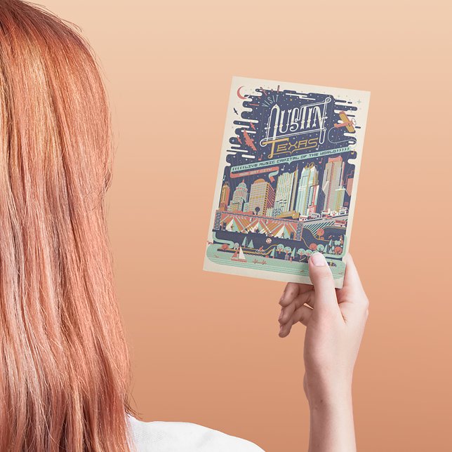 Spara datumet | Austin, Texas - AKA: Bat City Meddelande Vykort (Person holding postcard)