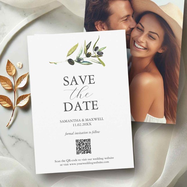 Spara datumet av Olive-temafo-QR-kod (QR code save the date invitations with photo and olive branch. )