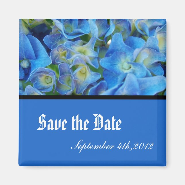 spara datumet, blå hortensia blommor magnet (Framsidan)