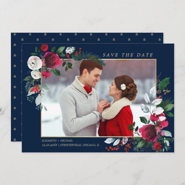 Spara datumet. Blåblå marin | Burgundy Bröllop Pho Inbjudningar (Fram/baksida)