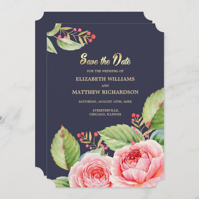 spara datumet. Blommigt för blå vattenfärg i marin Inbjudningar (Fram/baksida)