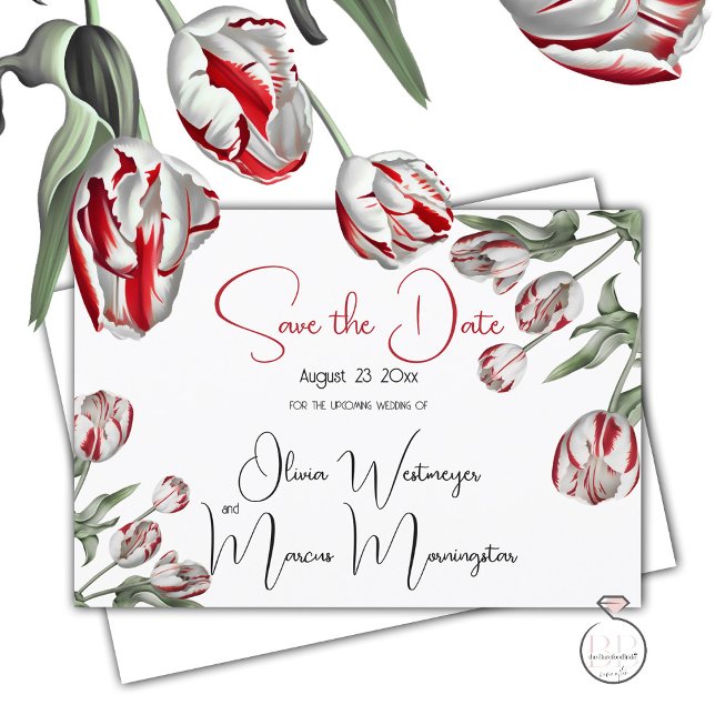 Spara datumet | Blommigt Red & White Rembrandt Tul Inbjudningar (Send a Save the date  via  snail mail so your  friends and family can hold it in their hand)