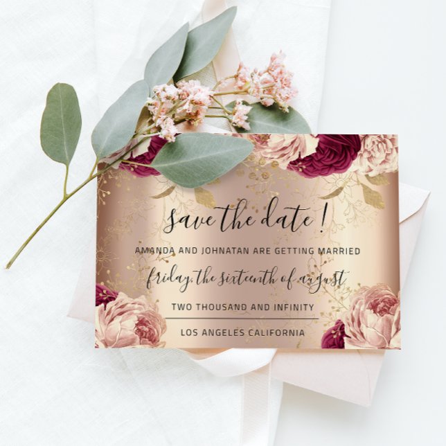 Spara datumet Blommigt Ro Guld Rosor Marsala (Save The Date Florals Rose Gold Roses Marsala)