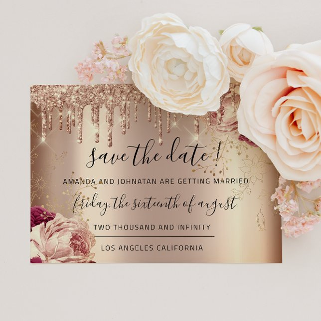 Spara datumet Blommigtar Ro Guld-drivrutiner Marsa (Save The Date Florals Rose Gold Drips Marsala)