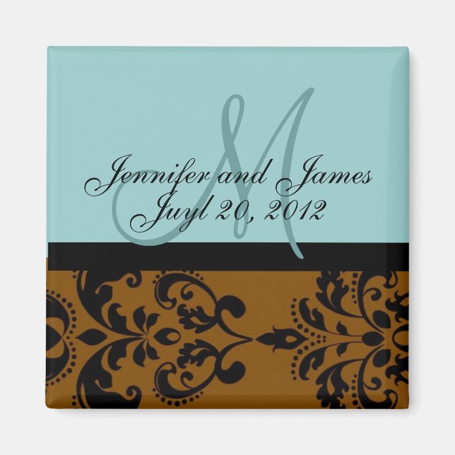 Spara datumet Blue Brown Damask Wednet Magnet (Framsidan)