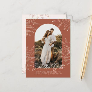 Spara datumet Boho Arch Photo Terracotta Botanical Vykort