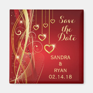Spara datumet Bröllop Romantic Red Guld Hearts Magnet